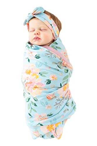 Image of Baby Be Mine Newborn Baby Swaddle Blanket with Matching Knotted Hat or Headband (Jade)