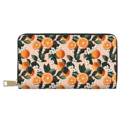 Leather Thin Slim Wallets for Women Men - Fashion White Flower Orange A Print Card Wallet Holder with Zipper