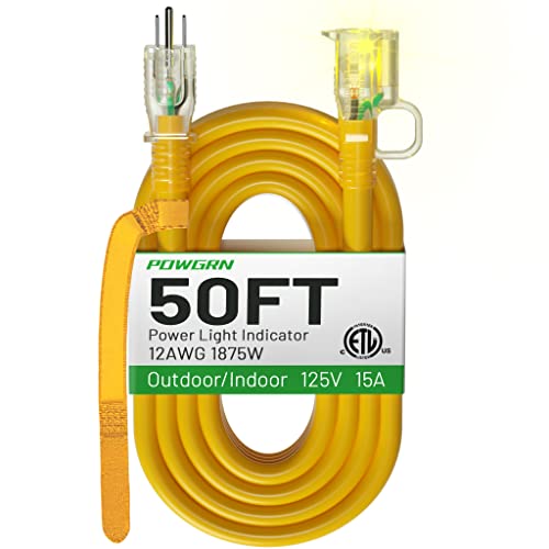 50 Ft 12/3 Outdoor Extension Cord Waterproof Heavy Duty With Lighted Indicator End 12 Gauge 3 Prong, Flexible Cold-Resistant Long Power Cord Outside, 15Amp 1875W Sjtw Yellow Etl Listed Powgrn #TOP7