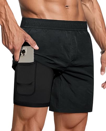 Milin Naco Mens Swim Trunks: 7 Inch 2 in 1 Compression Liner Quick Dry Water Resistant Breathable Stretchy Pockets Swimming