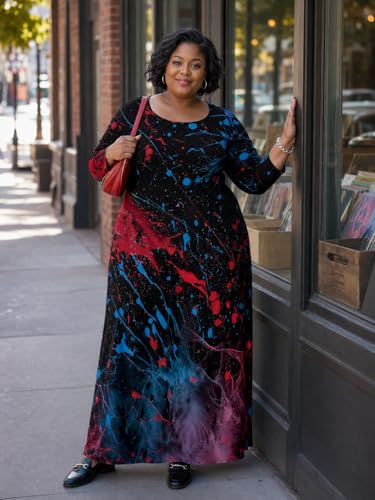 Image of PinkPatty Plus Size Maxi Dress for Curvy Women Crew Neck Long Sleeves Casual Dress Vacation Sundresses with Pockets