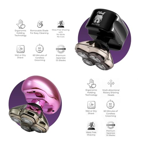 Image of skull shaver Pitbull Silver PRO with Butterfly Kiss Pro: Electric Head Shaver For Bald Men /Women, Wet & Dry, Cut Free, Ergonomic Design, Includes Forte 4 Head, Adapter, USB Cord (Couples Combo), Black