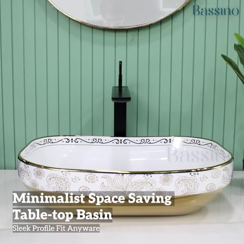 Image of BASSINO 20x14x6 Inches Ceramic Counter Top Wash Basin /White & Rose Gold Basin for Bathroom /Modern Design /Rectangular Shape Tabletop Washbasin for Restaurant /Dining Hall /Living Room /Home(Glossy)
