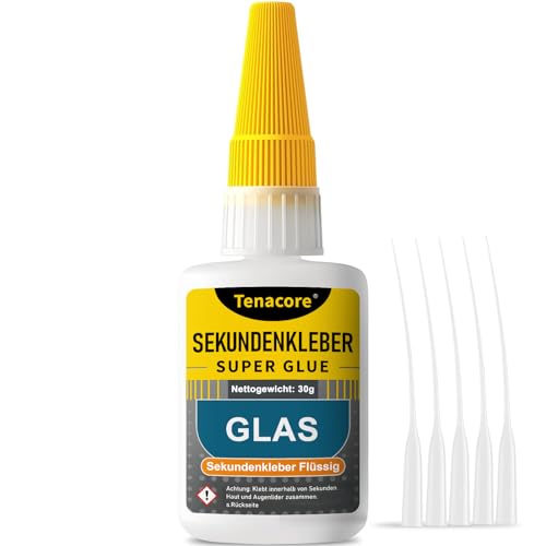 Glaskleber Extra Stark 30g Sekundenkleber Glas Extra Stark Superkleber mit Anti-Verstopfungskappe Transparent Wasserfest für Glas Acrylglas Spiegel Schmuck Kristall und Anderen Materialien