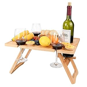 Tirrinia Bamboo Wine Picnic Table, Ideal Wine Lover Gift, Large Folding Portable Outdoor Snack & Cheese Tray for…