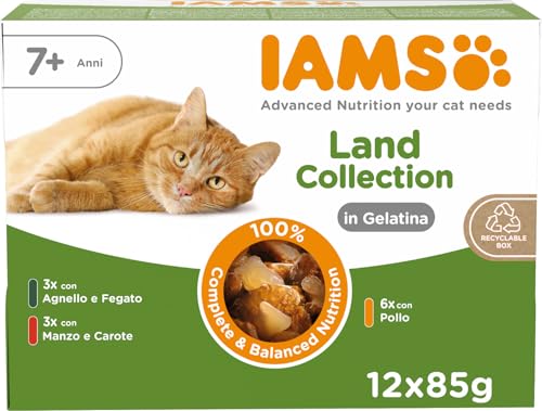 IAMS Cibo umido per gatti Land Collection Senior - Confezione multipla con varietà di carne (pollo, agnello e manzo) in gelatina, cibo umido per gatti anziani dai 7 anni, 12 x 85 g