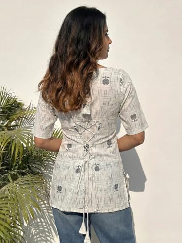 Image of ANNI Designer Women's Viscose Blend Printed Short Kurti | Straight Fit Casual Ethnic Top | Square Neck 3 /4 Sleeve Kurta Office College