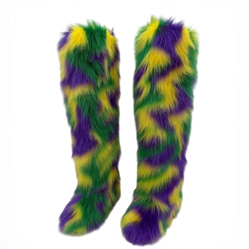 Image of Black Thigh High Fur Boots, Over the Knee Fluffy High Boots, Tall Furry shoes for Women