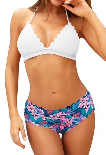 SHEKINI Women's Scalloped Bathing Suit Triangle Bikini Halter Sexy Floral Two Piece Swimsuits