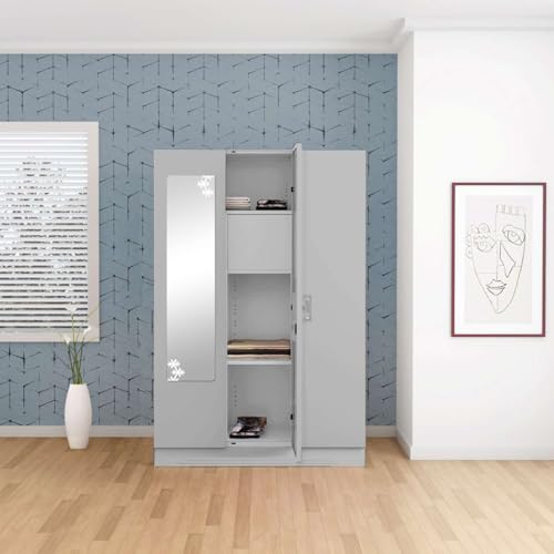 Image of Interio by Godrej Almirah Slimline 3-Door Steel Almirah, Cupboard for Clothes (Royal Ivory), 1-Year Warranty, 7 Shelves, 1 Locker, Star Design Mirror