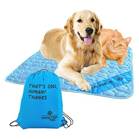 INSPECTOR TAIL Self Cooling Mat for Dog + Free String Bag/Washable & Portable Pet Soft Pad for Indoor or Outdoor/Perfect as Blanket for Kennel Sofa Bed Floor Car/Blue Cover