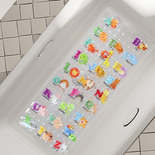 Image of Bath Mat for Tub Non Slip, Machine Washable Anti Slip Cartoon Baby Bathtub Shower Mat with Drain Holes and Suction Cups for Toddler & Kids, 40 Inch x 16 Inch-Rectangular, 26 Alphabet