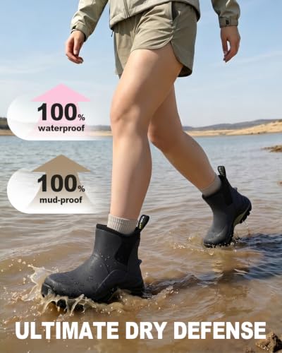 Image of Kalkal Women's Rubber Boots Waterproof Fishing Deck Boots with Shock Absorption Sports Sole, Ankle Rain Mud Boots for Outdoor Garden Chore