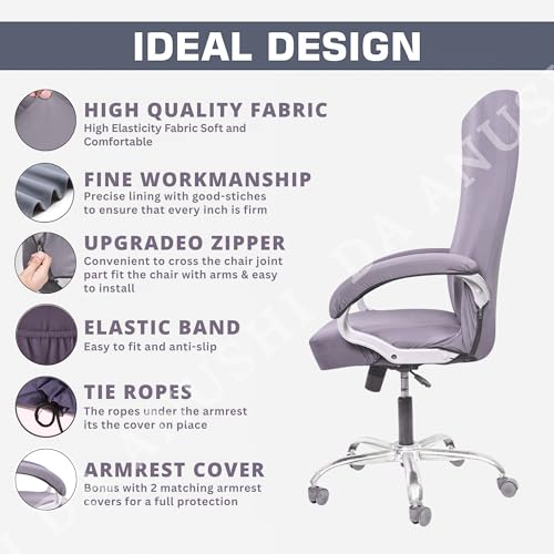Image of Premium Elastic Boss Chair Cover with Armrest Covers | Stretchable Polyester Slipcover | 1-Seater Office Chair Protector | Fits Chair Back Height 71-76cm | Grey