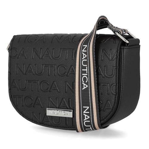Nautica Delray Bolsa tiracolo feminina com aba, bolso com fecho magnético, bolsa de viagem pequena, alça ajustável, Preta (em relevo)