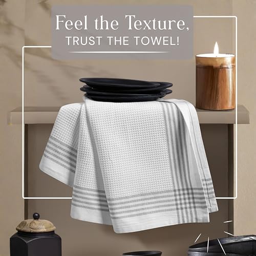 Image of Waffle White & Multi Colors Kitchen Towels 4 Pack, 100% Cotton, 16x26 inches, Quick Dry Dishcloths, Ideal Dish Towel for Drying, Wiping - Lavender, Lemon Green, Beige, Light Grey