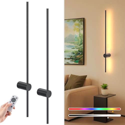 NIORSUN 35.4 Inch Battery Operated Wall Sconce Set of 2,Black Minimalist Rechargeable LED Wall...