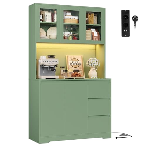 FirFurd Buffet Cuisine Meuble Cuisine Rangement avec LED Multiprises Vaisselier avec Étagère Réglable 5 Portes 3 Tiroirs 180x100x38.5cm Vert