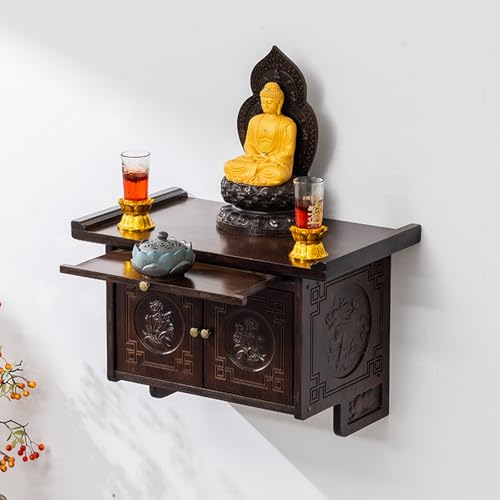 Mesa de altar montada en la pared con cajón extraíble, armario de almacenamiento, mesa budista Puja tallada en madera para el templo del hogar