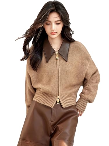 Women's Vintage Double Zipper Short Sweater Coat Loose Casual Knitted Cardigan Outwear Tops