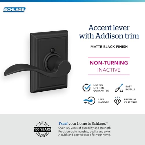Image of SCHLAGE Accent Lever with Addison Trim Non-Turning Lock in Matte Black - Left Handed - F170 ACC 622 ADD LH