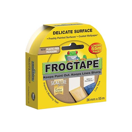 Frog Tape Yellow Delicate Surface Painters Masking Tape 36mm x 55m. Indoor painting and decorating for sharp lines and no paint bleed