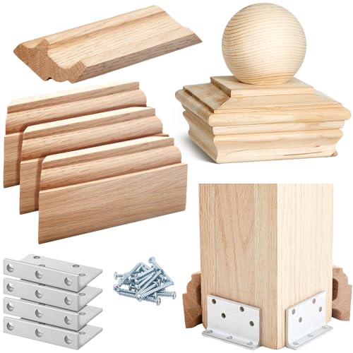 Image of Hosuly 4x4 Wood Newel Post Cap and Mounting Kit, Cedar Finial with Ball Top and L-Bracket Fasteners for Installing Decorative Railings on Stairs, Decks, and Floors