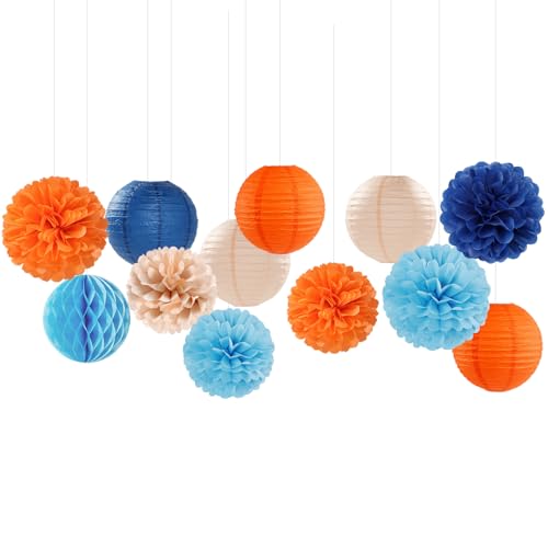 Image of Navy-Blue Orange Champagne Party-Decorations Paper-Flowers - 15pcs Fall Birthday Baby Bridal Shower Tissue Pom Poms Lanterns Streamers Honeycomb, Wedding Bachelorette Hanging Supplies Decor Hugfond