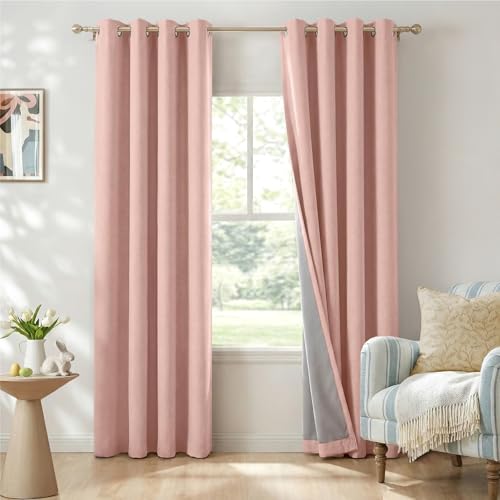 Image of 100% Blackout Shield Linen Textured Total Blackout Curtains for Bedroom 72 Inches Long, Blush Pink Grommet Curtains for Living Room, Thermal Insulated Room Darkening Drapes, 50 inch W x 72 inch L, 2 Panels