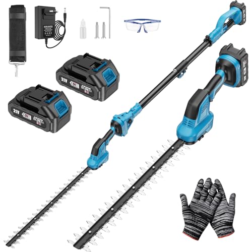 Taille Haie Telescopique Batterie sans Fil avec Perche 2 en 1, Élagueuse sur Perche avec Moteur de 550 W 2 Batteries Taille Haies Électrique, Angle...
