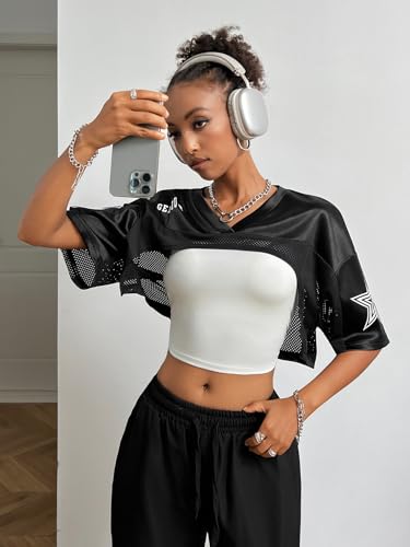 Verdusa Women's Oversized Mesh Spliced Satin Y2k Crop Top Drop Shoulder Jersey Shirts3