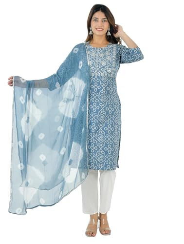 Vrnda Women's Cotton Indian Bandhej Print Straight Kurta Set Yoke Embroidery Kurti With Pant and Dupatta Set...