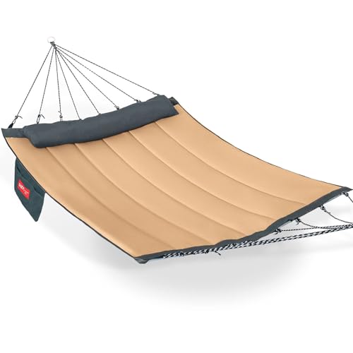 Lazy Daze Hammocks 12 FT Quilted Fabric Hammock with Curved Aluminium Spreaders Bar, Outside Double Thickened Hammock with Soft Pillow, Side Pocket 450 Lbs Capacity for Patio, Poolside, Khak