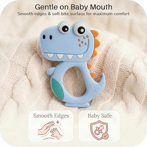 Image of Baybee Dino Teether for Baby Easy to Grab & Hold | 100% Food Grade Silicone & BPA Free Teething Toys for Babies | Baby Pacifier & Soft Chew Toy Teethers for 6 to 12 Months Boys Girls (Blue)