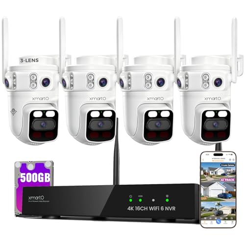 XMARTO 6MP Tri-Lens 4-Cam 500GB WiFi Mesh Security Camera System 16CH 4K H.265 WiFi-Inside NVR 360PTZ AI Tracking 3-View/Cam Long Range Wireless Plug-in 24/7 Home Surveillance Local & Mobile View