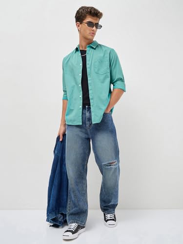 Image of Urbano Fashion Men's Cotton Full Sleeve Regular Fit Casual Solid Slub Shirt with Spread Collar