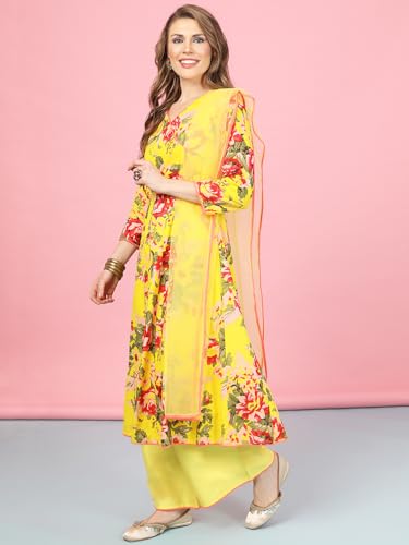 Image of A.T.U.N. (ALL THINGS UBER NICE) Womens Floral Printed Angrakha Pure Cotton Kurta with Palazzos & Dupatta Set | Traditional Ethnic Wear Clothing Set