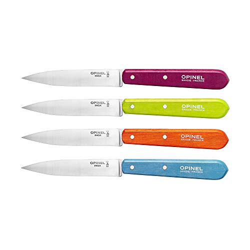 Opinel - Coffret de 4 Couteaux d'Office N°112 - Lame en Acier Inoxydable 10 cm - Idéal en Cuisine - Garanti à Vie - Fabrication Française - Couleurs Acidulées