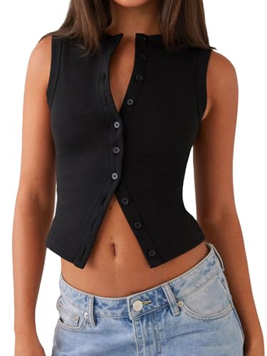Springcmy Womens Button Down Tank Top Sleeveless Ribbed Fitted Vest Casual Trendy Y2K Going Out Crop Knit Vest Top Streetwear