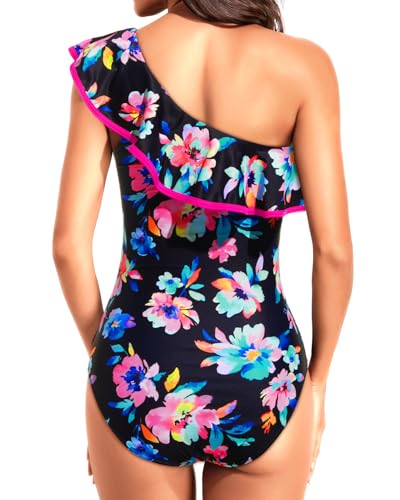 Image of Tempt Me Women One Piece Swimsuits Tummy Control One Shoulder Bathing Suits Ruffle Swimwear
