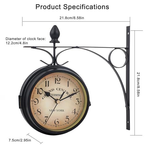 Syfunlv Vintage Bahnhofsuhr,Zweiseitige Wanduhr,21,8 * 21,8 cm,Wetterfest, Runde Wanduhr für Garten,Outdoor Uhr Dekorative,für Garten,Terrasse, Küche, Innenhof.