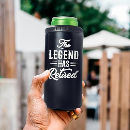 Image of SANDJEST The Legend Has Retired 4-in-1 Design Tumbler Cup Can Cooler - 12oz Stainless Steel Insulated Cans Coozie Travel Mug Christmas, Birthday, Happy Retirement Gifts for Coworkers, Colleagues, Men