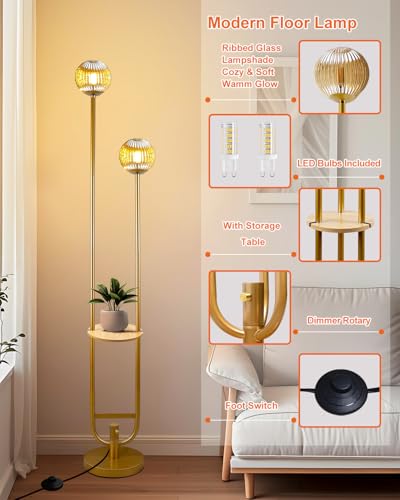 Image of Lightdot Glass Floor Lamp with Tray Mid Century Modern Standing Lamps 3000K Warm White Bulbs Included Gold Dimmable Globe Floor Lamp with 5Lbs Heavy Base for Living Room /Wedding /Party / /Sofa Beside