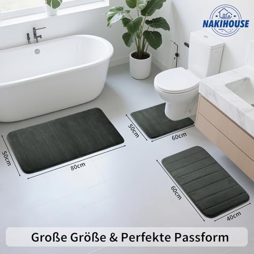 NAKIHOUSE Badematte Set 3-teilig aus Memory Foam, rutschfest & Saugfähig, Waschbar, Weich & Schnell Trocknend, Badezimmerteppich für Dusche, WC & Badewanne,Dunkelgrau – Bild 3