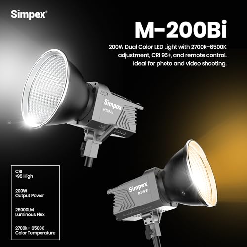Image of Simpex M-200Bi, 200W Dual Color Continuous LED Light with 18CM Reflector & Infrared Remote, AC Power, 2700K-6500K Color Temperature Control, Huge Display,CRI-95 Plus, Ideal for Video Shooting(Black)