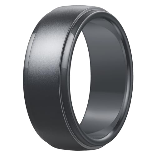 Image of Egnaro Men's Silicone Wedding Rings: Classic Black Step Edge Rubber band 10mm Wide 2.5mm Thick- Hypoallergenic for Gym /Outdoor /Gift(1 /4 /7 Variety Pack with Half Size)