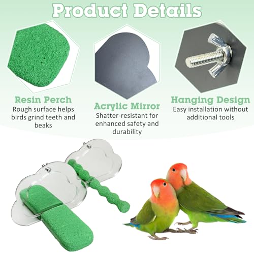 Image of PINVNBY 2 PCS Bird Mirror with Perch Resin Parakeet Perches Hanging Parrot Toys Interactive Bird Cage Accessories for Cockatiel Conure Lovebird Finch (Green)