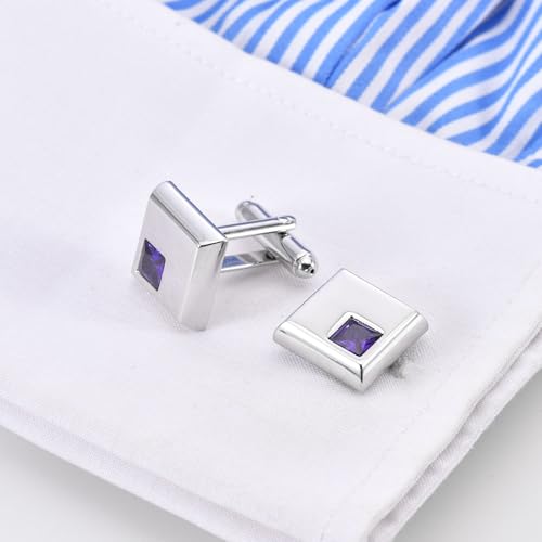 Mancuernillas cuadradas de metal plateado con cristal morado miniatura 3