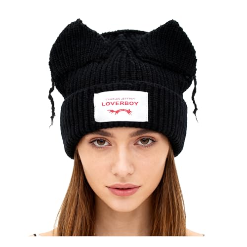 Knitted Beanie Hat for Women Men Cute Bunny Long Ear Hat Slouchy Cat Ear Hat Crochet Fluffy Winter Warm Rabbit Y2k Skull Cap