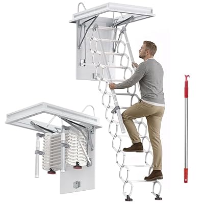 HESMAX Ceiling Mounted Attic Ladder, Retractable Pull-Down Loft Stairs System, 12-Step Hidden Folding Attic Ladder with Handrail, 39.37×27.56 Inch Opening 0i1